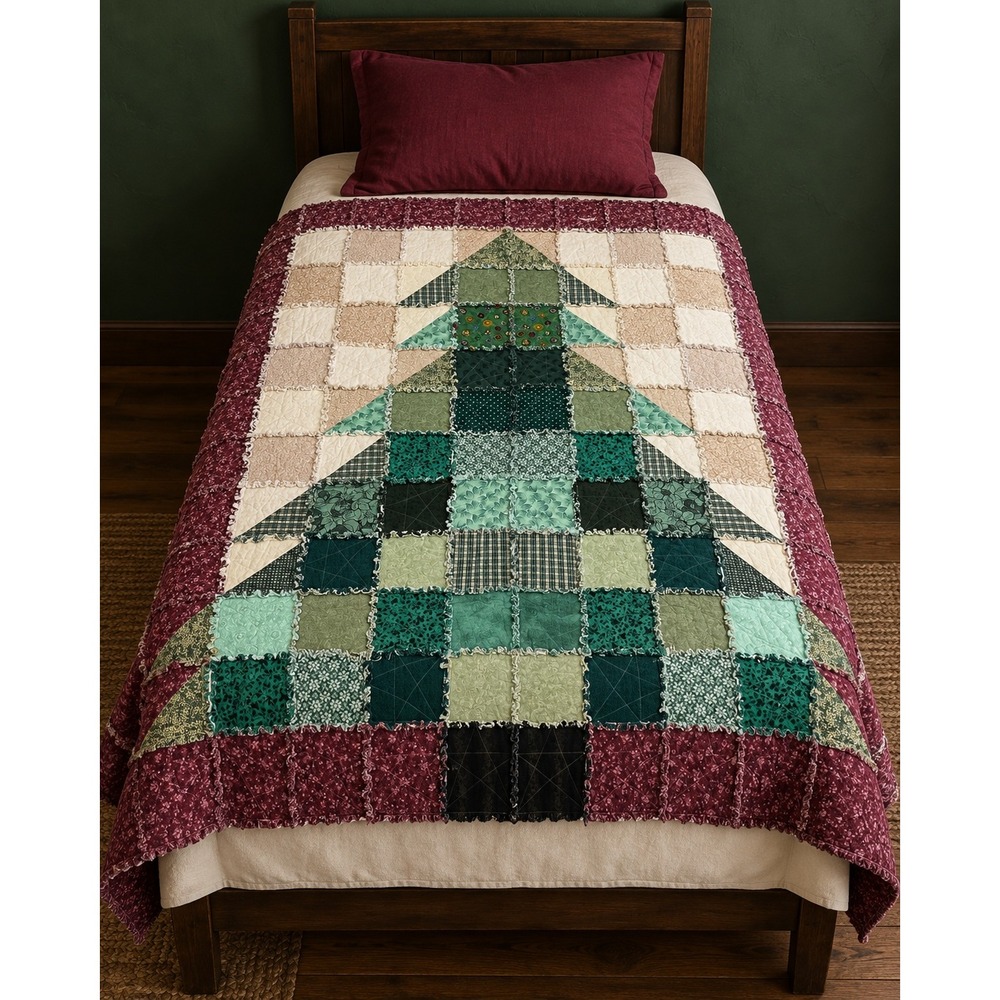 Christmas Tree Rag Quilt Twin Bed Topper Throw Holiday 62x54  Patchwork